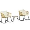 Outsunny 3-Piece Outdoor Rocking Chair Set, Rattan Wicker Patio Bistro Set with Cushions, Cream White