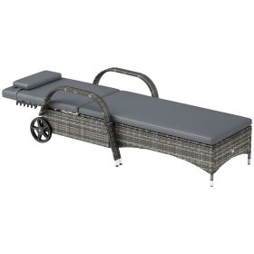 Outsunny Outdoor Chaise Lounge, 5-Level Adjustable Backrest Rattan Pool Lounge Chair with Wheels, Cushion & Headrest, Gray
