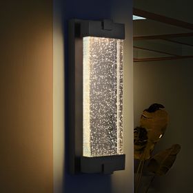 lBlack Aluminum Finish Outdoor Wall Light with Bubble Crystal Glass, LED Light Source, 3000K Warm Light, Weatherproof Exterior Sconce for Patio, P