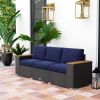Outsunny 3-Seat Outdoor Patio Sofa with Cushions, PE Rattan Wicker Sofa with Wide Armrests, Outdoor Wicker Couch, Navy Blue