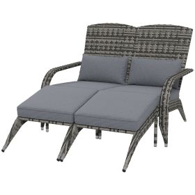 Outsunny Wicker Adirondack Chair for 2 with Cushions & Footrests, PE Rattan Double Chaise Lounge Chair, Fire Pit Chair for Porch with High-back (Color: Gray)