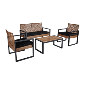 4-Piece Patio Furniture Set Outdoor Balcony Porch Garden Backyard Lawn Furniture Acacia Wood Table Top, Morden Black and Light Brown (Color: as Pic)
