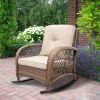 Outdoor Wicker Rocking Chair; Patio Rattan Rocker Chair with Soft Cushions and Steel Frame; Khaki